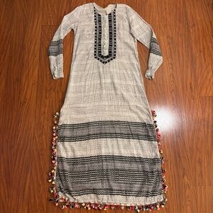 Roller Rabbit Long Maxi Black White Long Sleeve Dress Pom Poms Womens XS